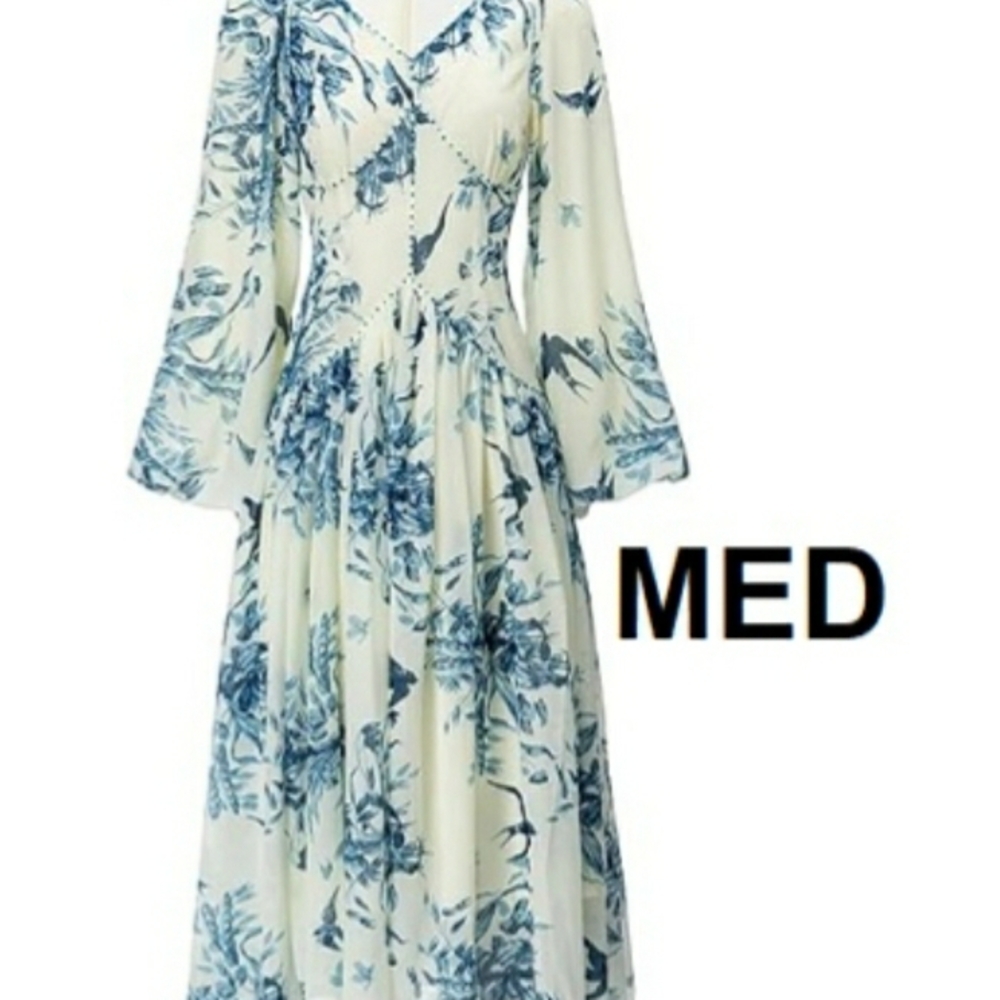 Blue and White Asymmetrical Midi Dress with Bell Sleeves
